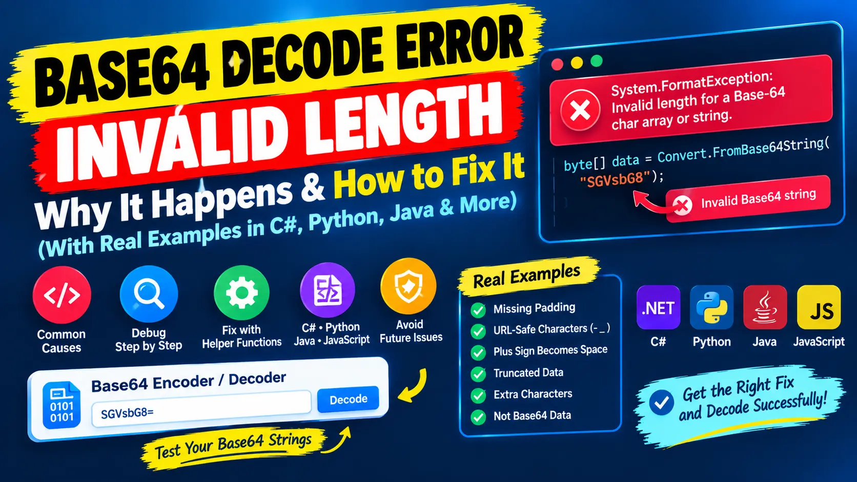 Base64 invalid length error explained with C# and Python examples, missing padding, URL-safe characters, and common decoding fixes.