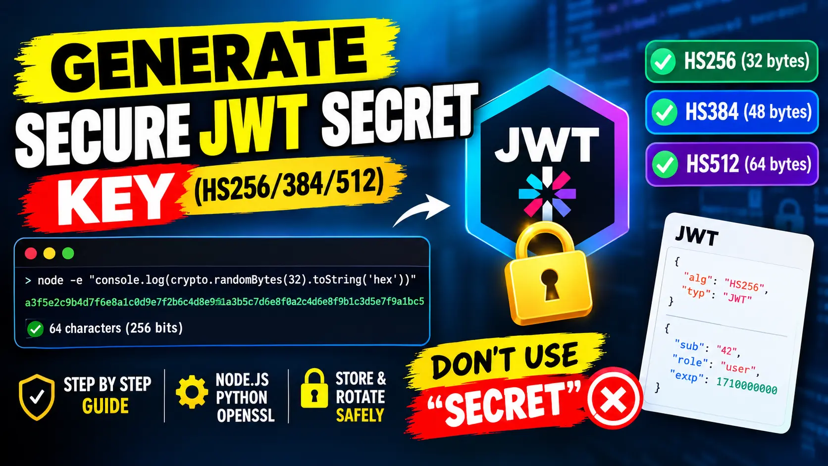 Generate a secure JWT secret key for HS256, HS384, and HS512 using Node.js, Python, or OpenSSL. Step-by-step guide to 256-bit JWT security, key generation, storage, and rotation.
