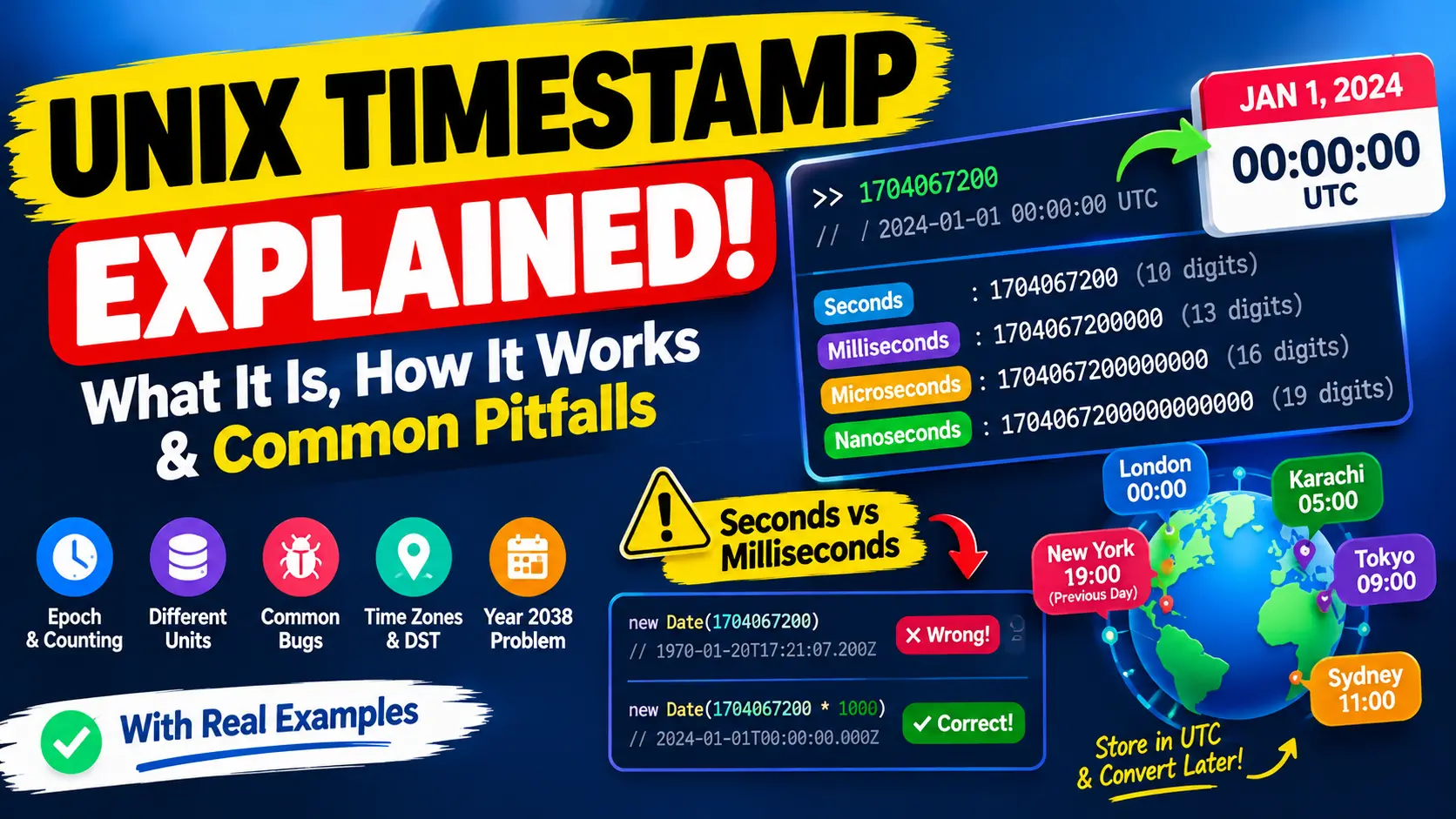 Unix Timestamp Explained: seconds vs milliseconds, UTC time conversion, time zones, daylight saving time, and Year 2038 problem.