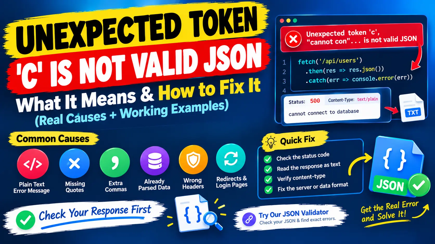 Unexpected token c is not valid JSON error explained with plain-text server responses, JavaScript examples, and common JSON parsing fixes.